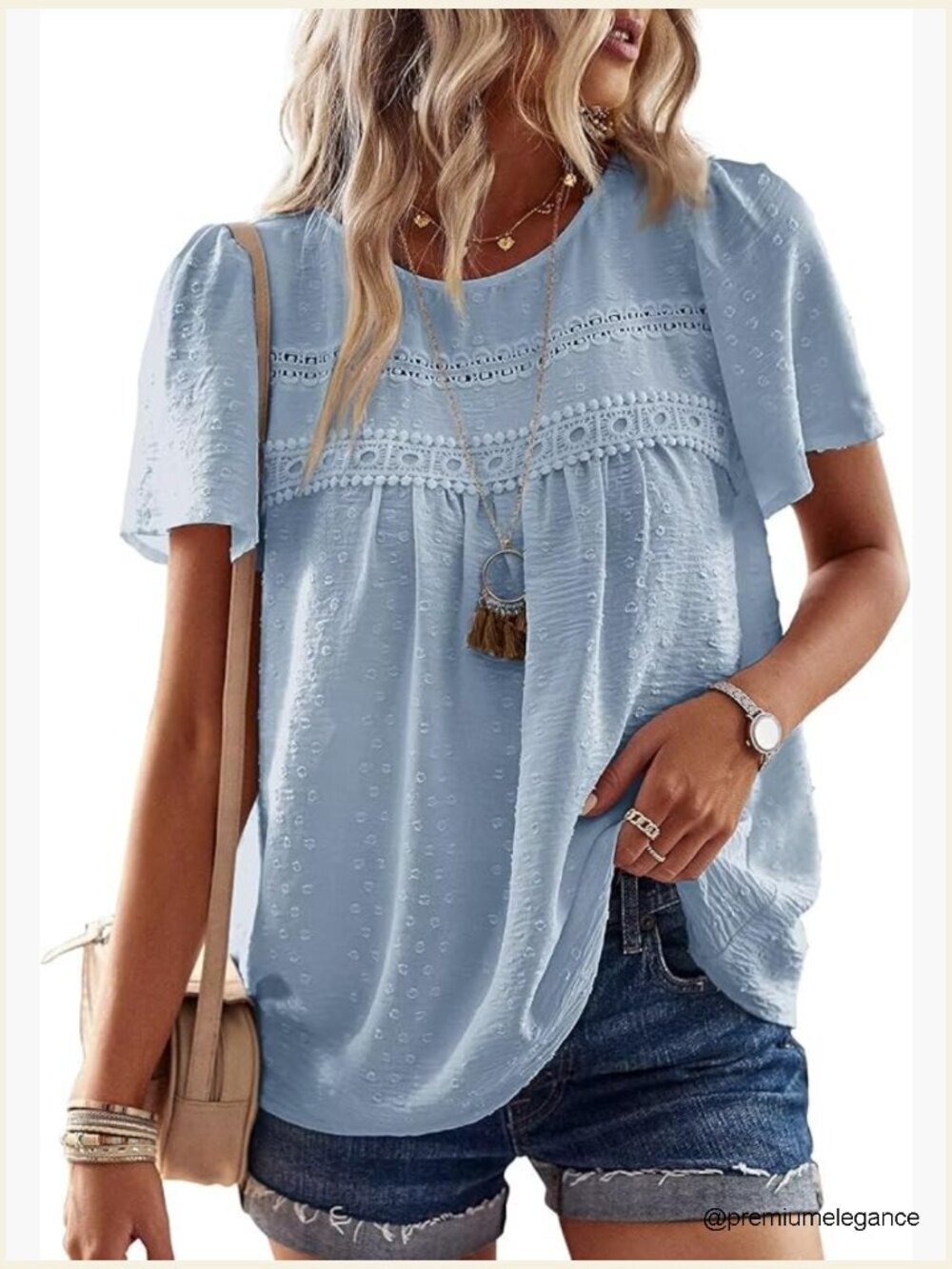Crewneck Short Sleeve Blouse Flowy Lace Hem Boho Top Tunic